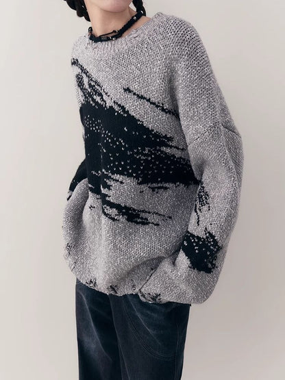 Jacquard Crew Neck Silhouette Knit Sweater