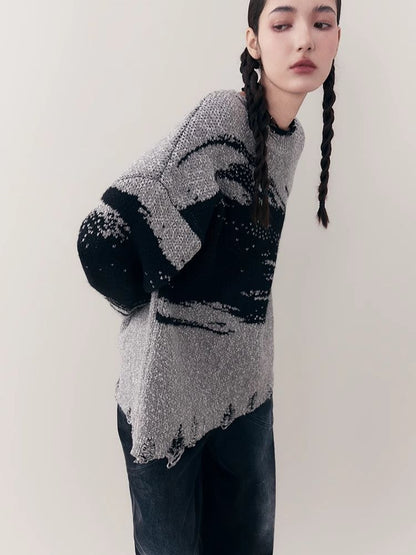 Jacquard Crew Neck Silhouette Knit Sweater