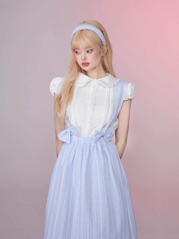 Plaid Bow Tie Back Dress Lace Shirt Set