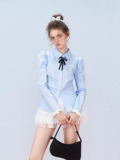 Bow Striped Bubble Sleeve Embroidered Blouse