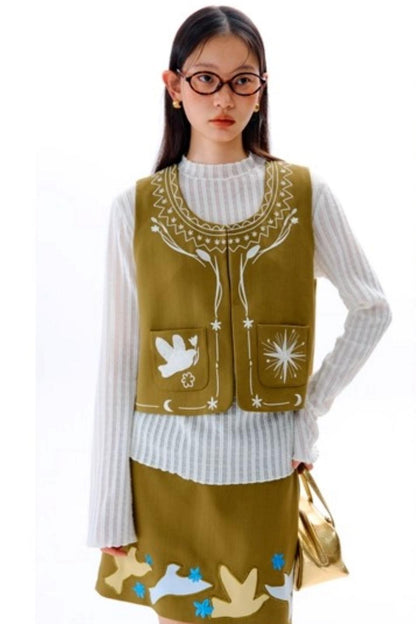 Bright Star Vintage Bird Embroidery Wool Jacket Set-Up