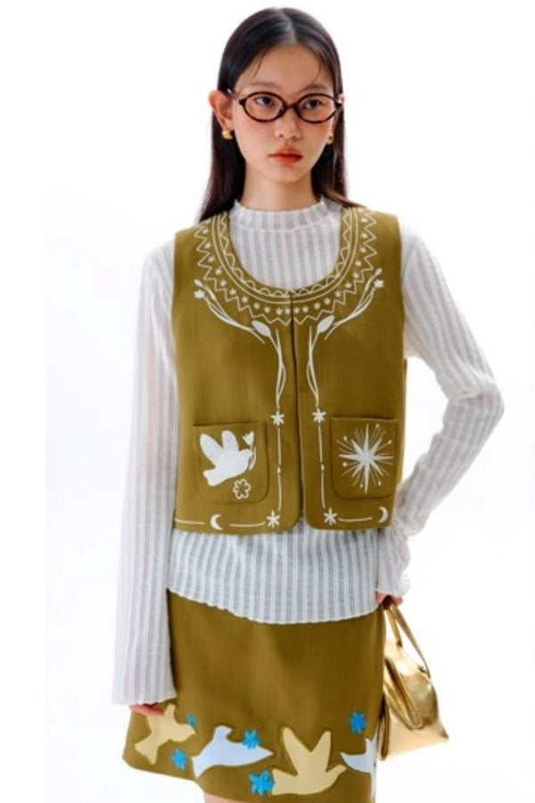 Bright Star Vintage Bird Embroidery Wool Jacket Set-Up