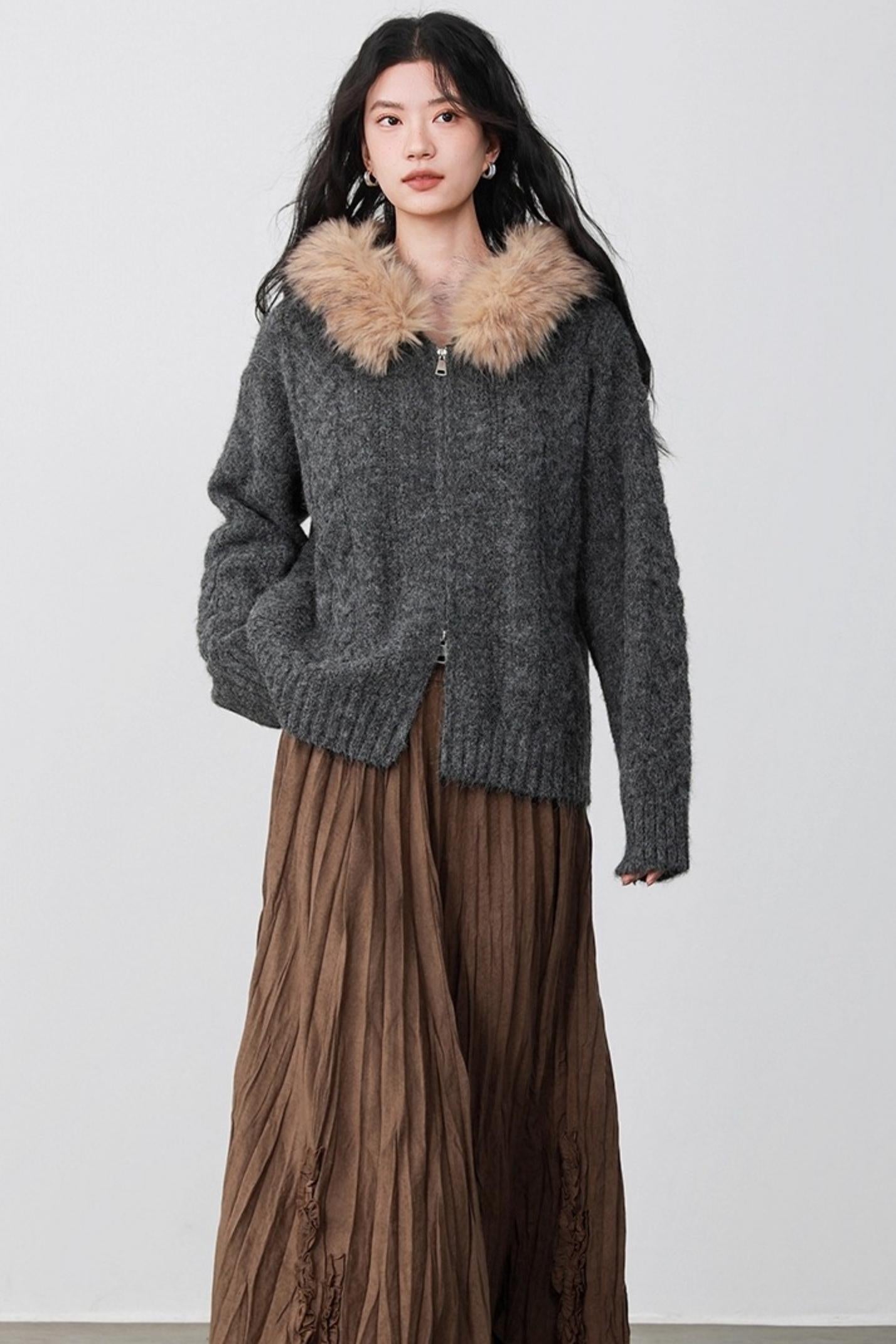 Fog Gray Fur Collar Hooded Jacket