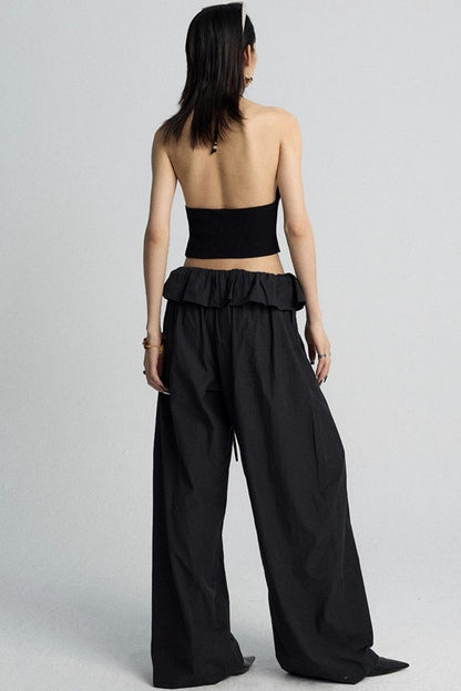 White Lace Drawstring Wide-Leg Pants