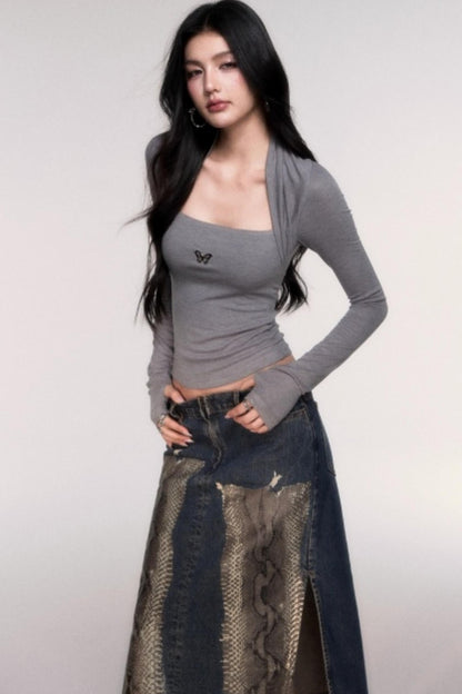 Fake Two Sleeve Slim Knit Top