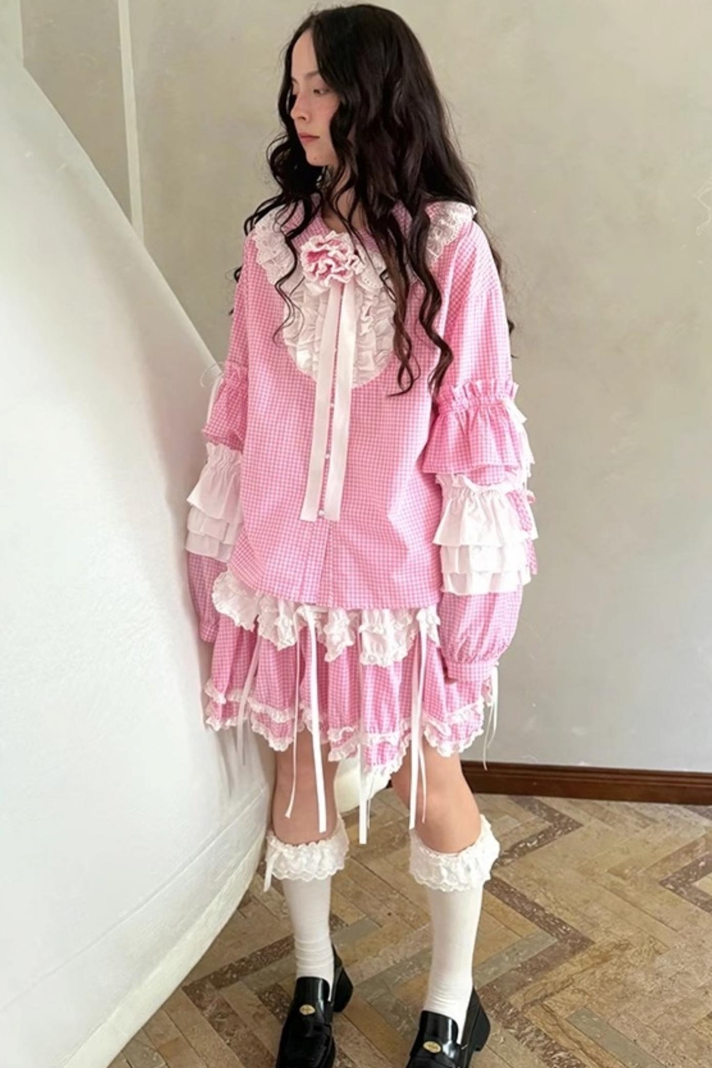 Pink-White Plaid Lace Shirt