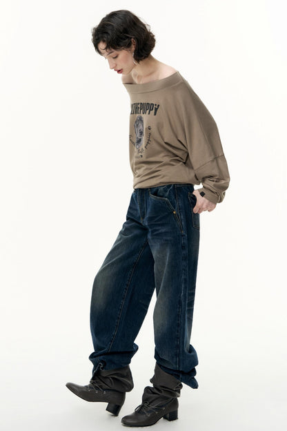 Puppy Print Slanted Shoulder T-Shirt