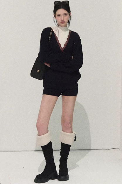 Silk-Gloss Wool Lace Sweater Set-Up