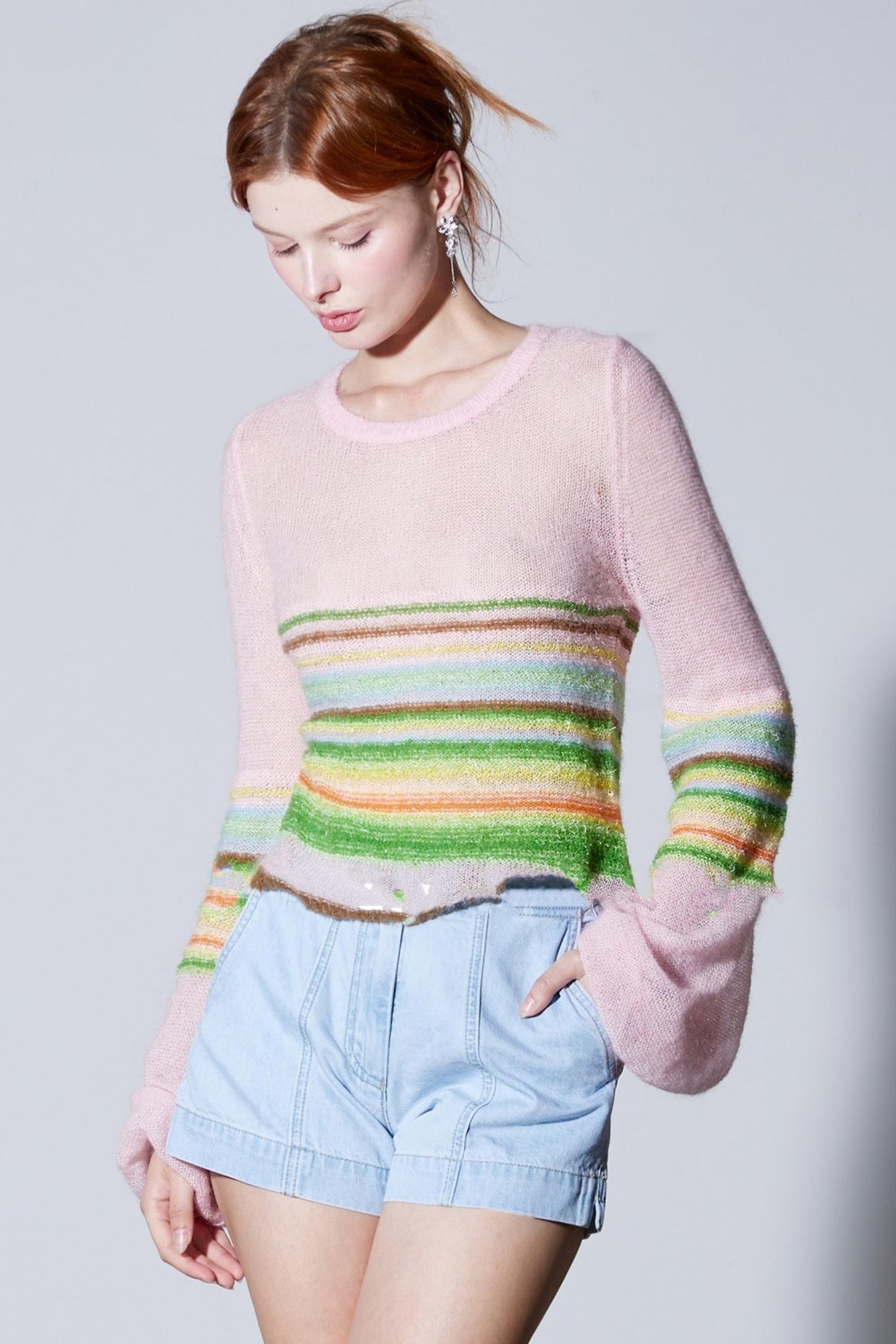 Mohair Silky Wool Rainbow Lantern Sleeve Sweater