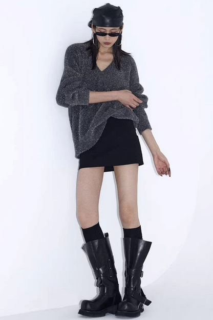 Silberner Faden V-Ausschnitt Strickpullover