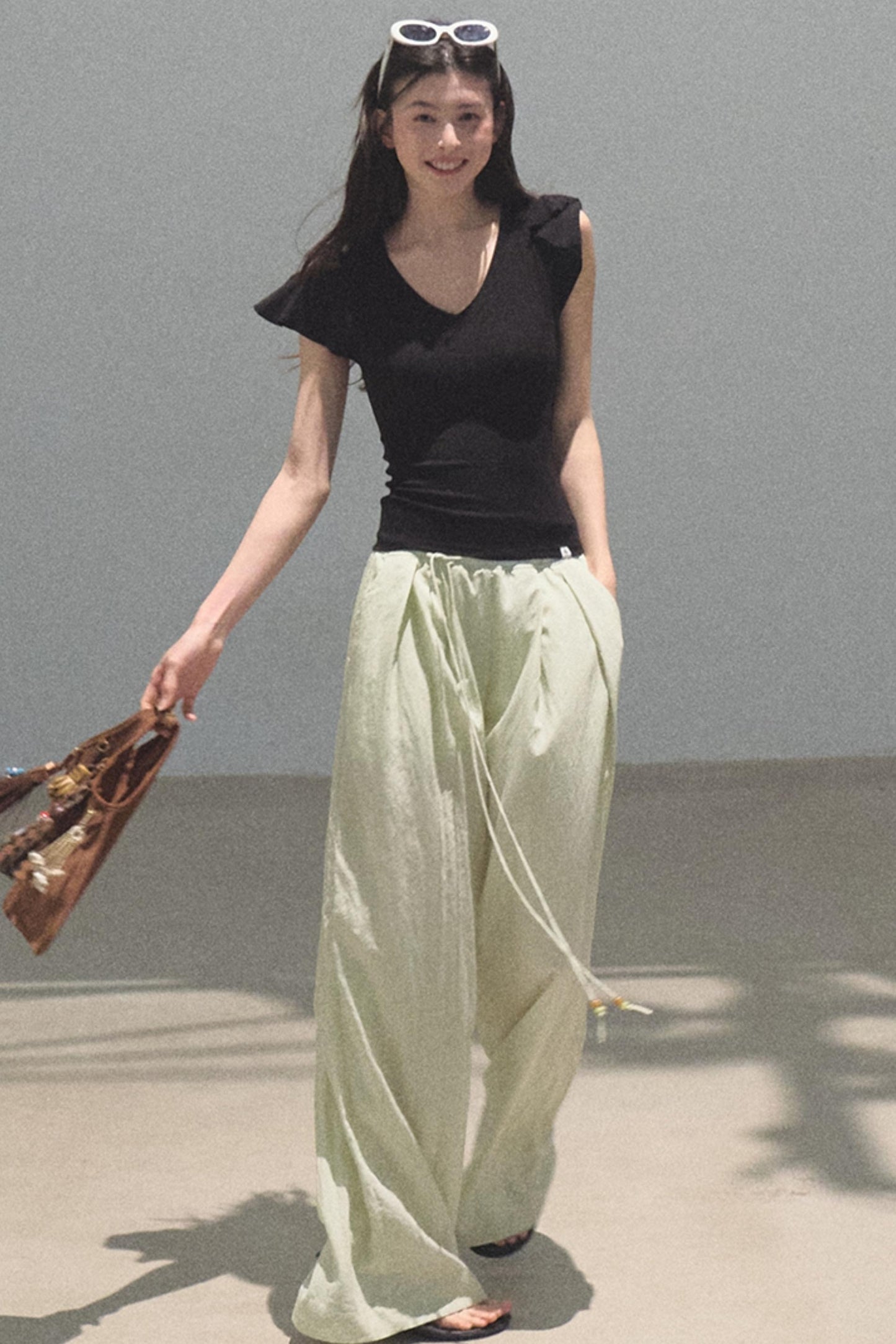 Green Apples Sleeve V-Neck Skinny Top