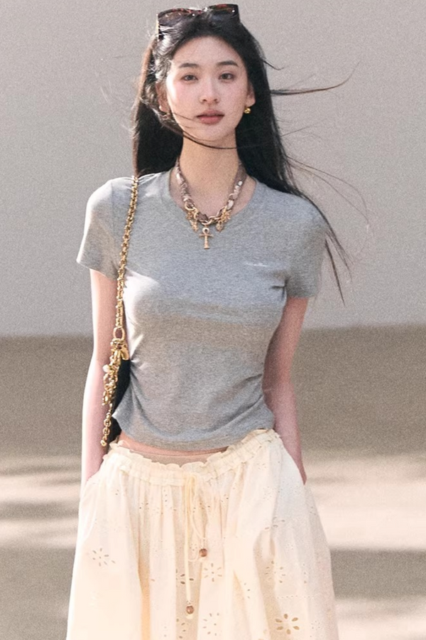 Contrast Embroidered Ruched Top