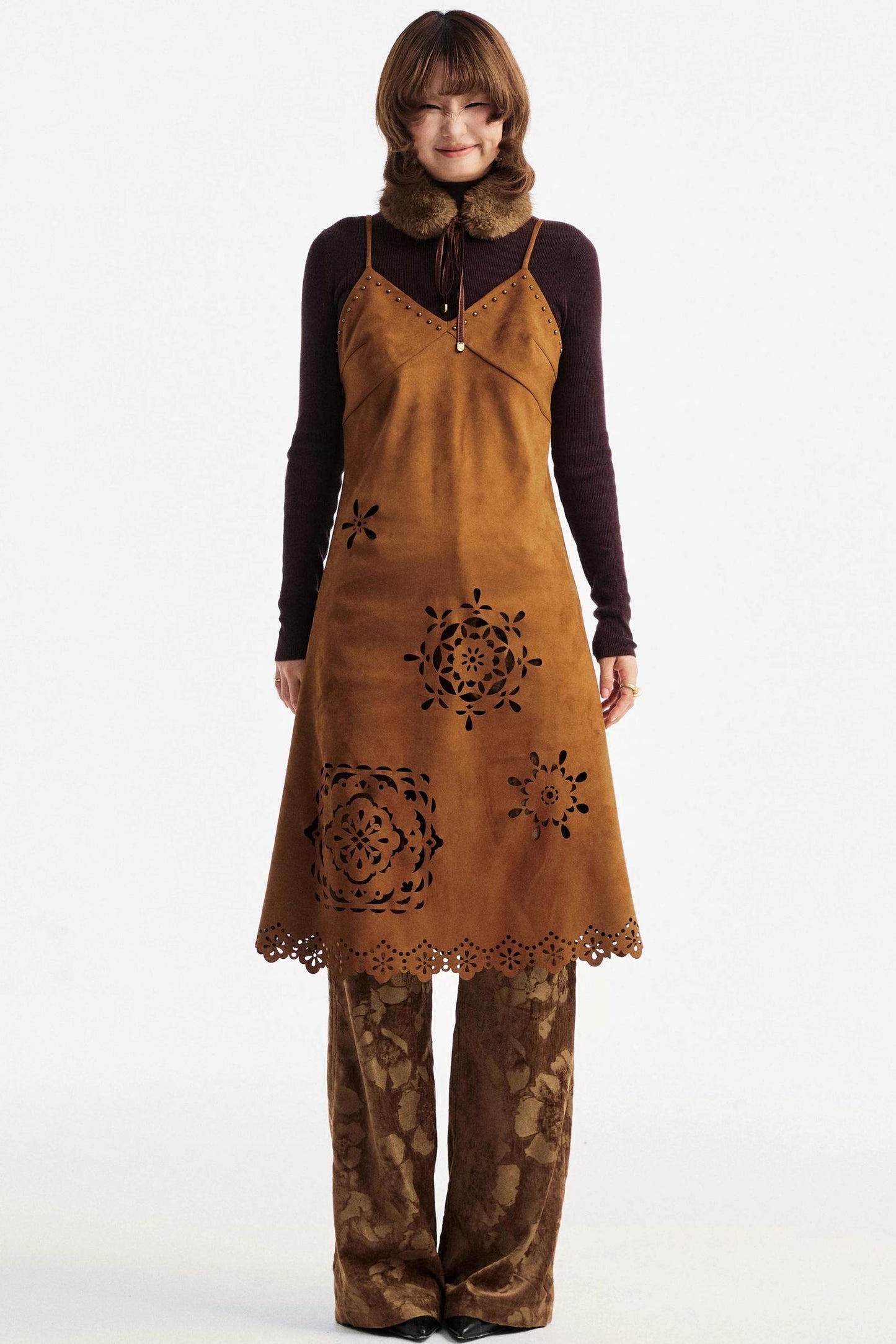 Brown Floral Jacquard Pants