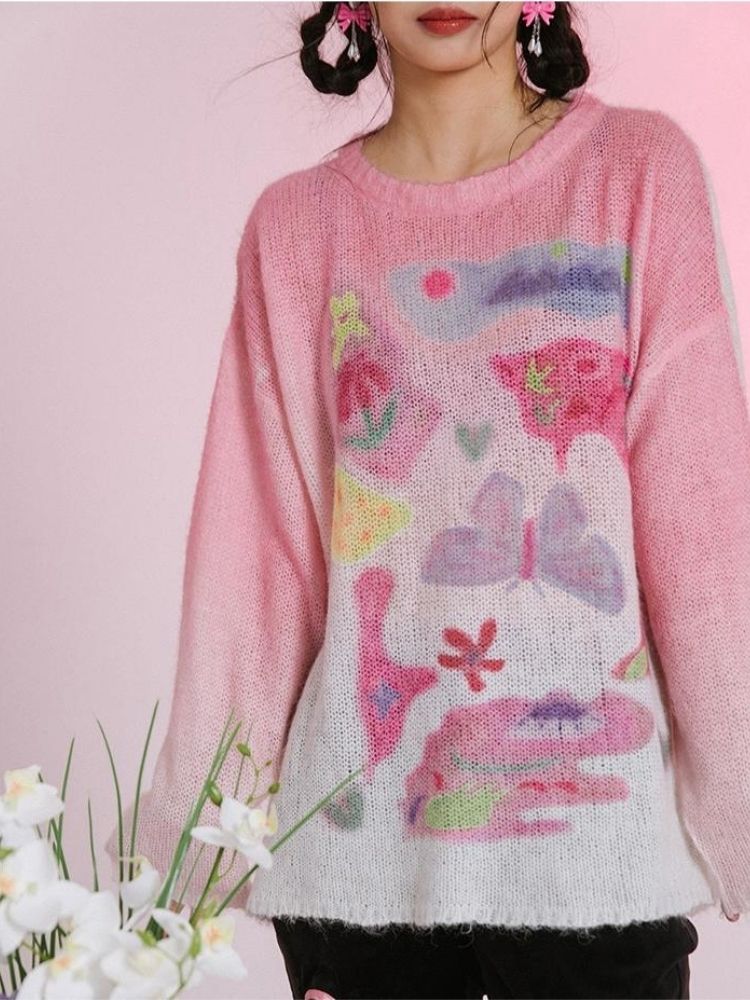 Romantic Butterfly Print Thin Sweater