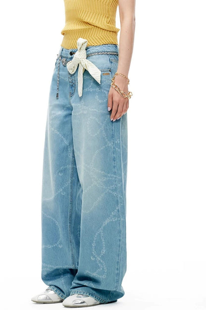 Washed Laser Print Denim Pants