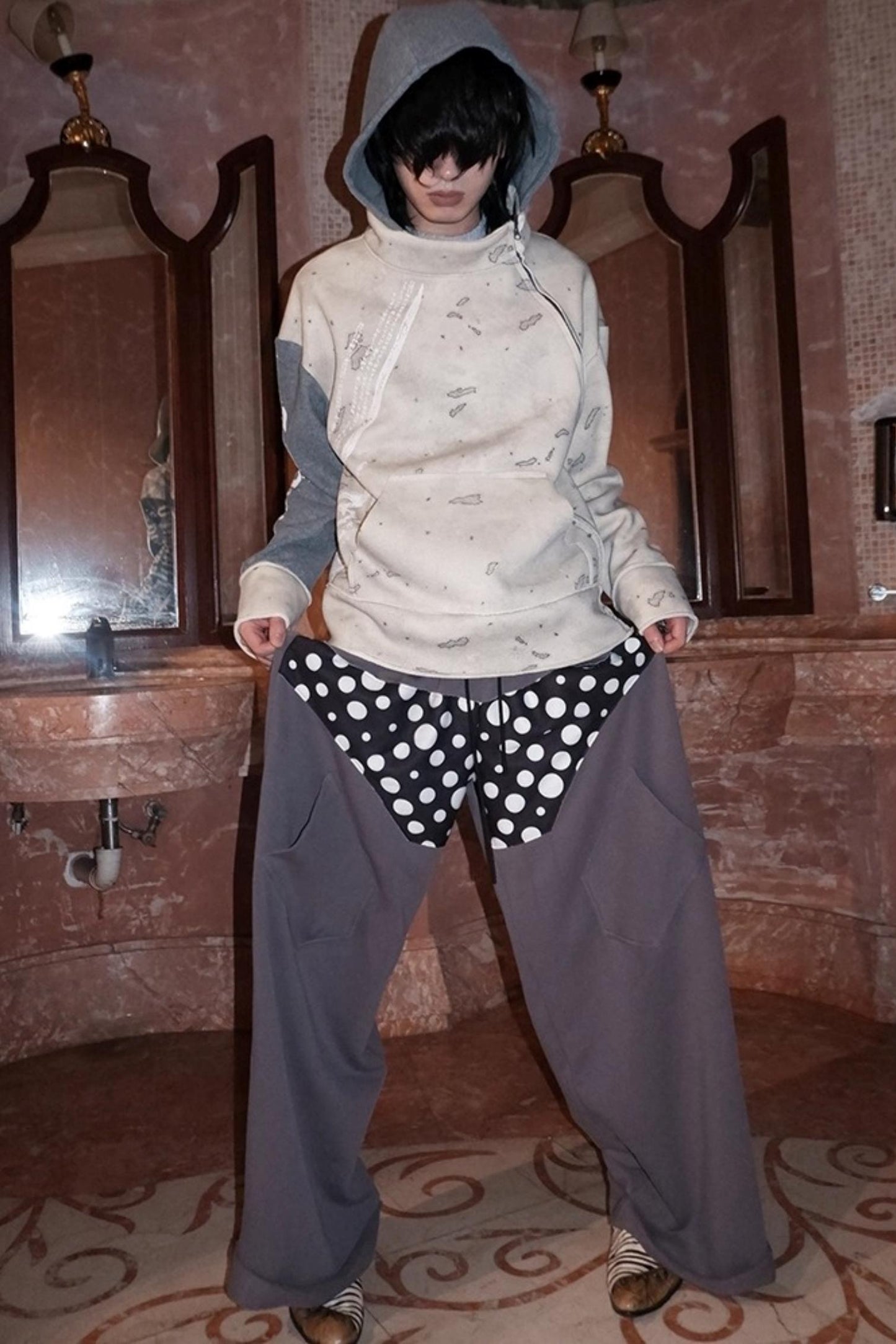 Multi-Waisted Polka Dot Wide-Leg Pants