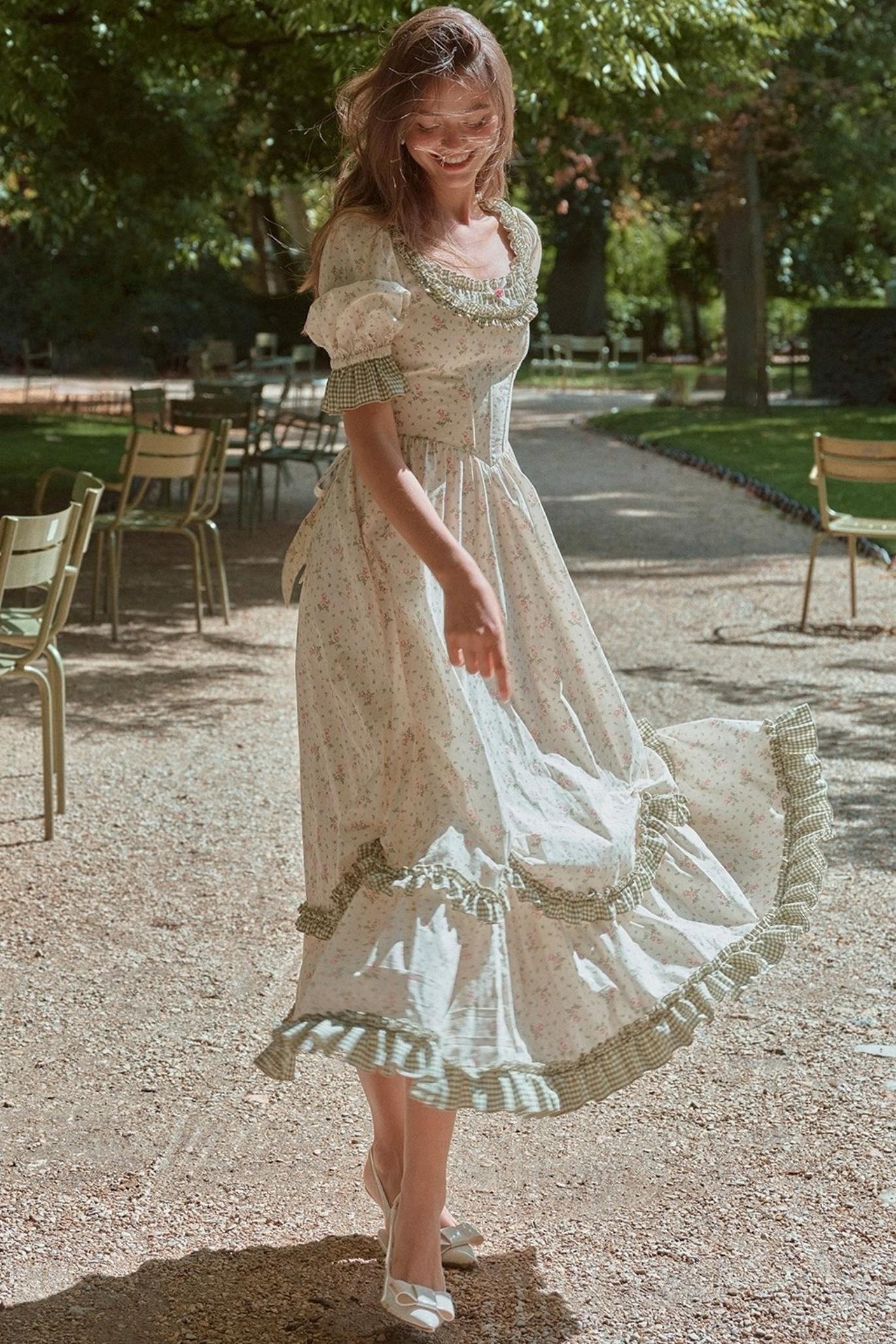 French Pastoral Style Floral Waist Dress