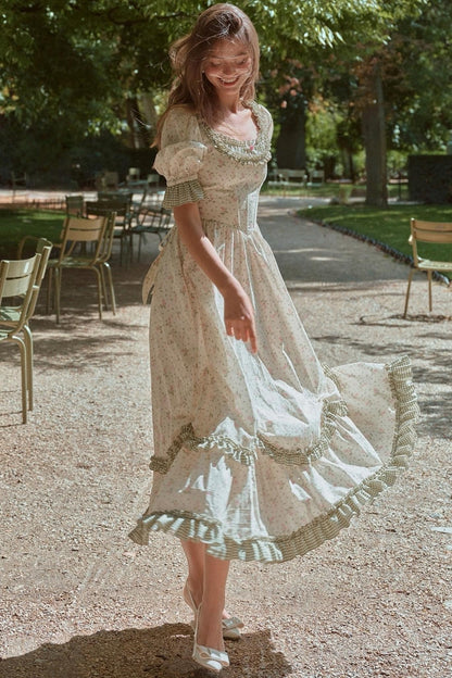 French Pastoral Style Floral Waist Dress
