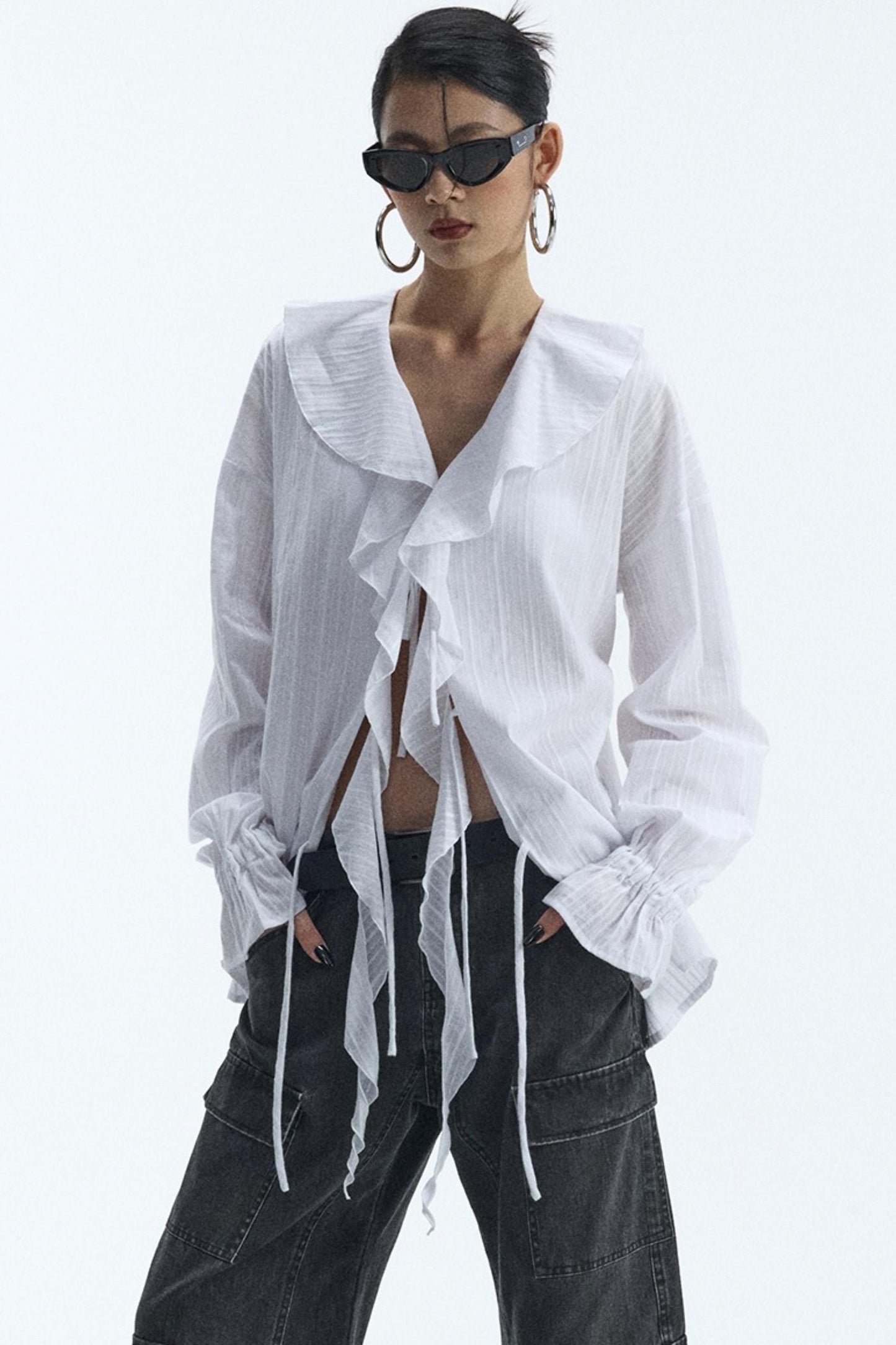 Winter White Ruffled V-Neck Shirt
