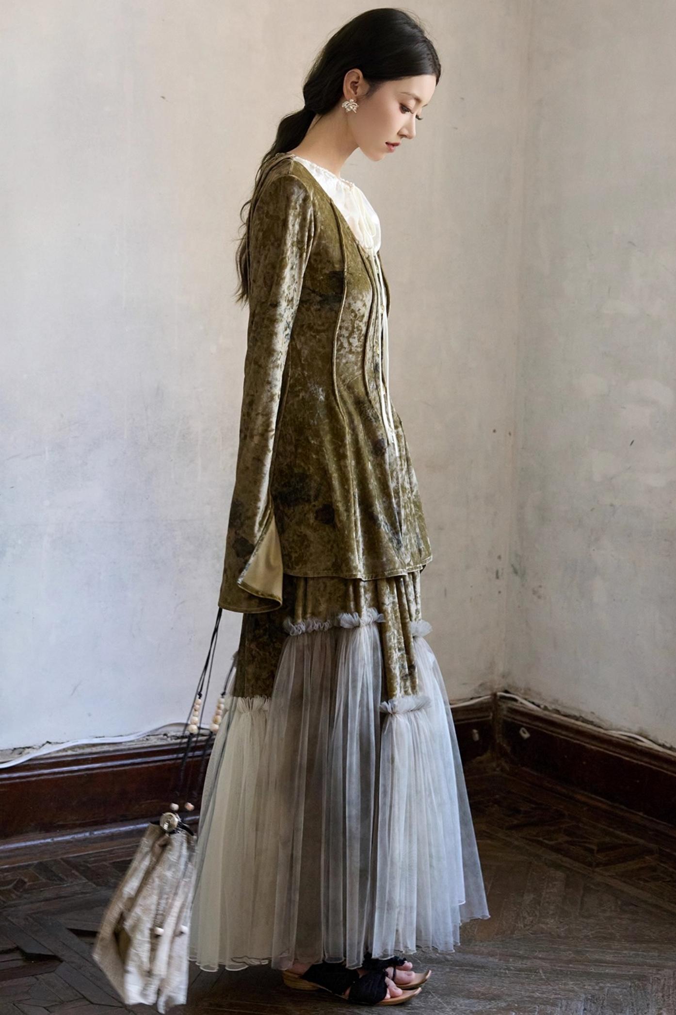 French Velvet Long Sleeve Lace-up Top