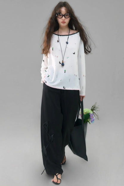 Three-Dimensional Calla Lily Linen Blend Wide-Leg Pants