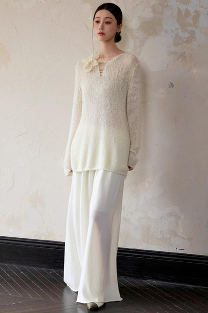 White Alpaca Wool Flower Sweater