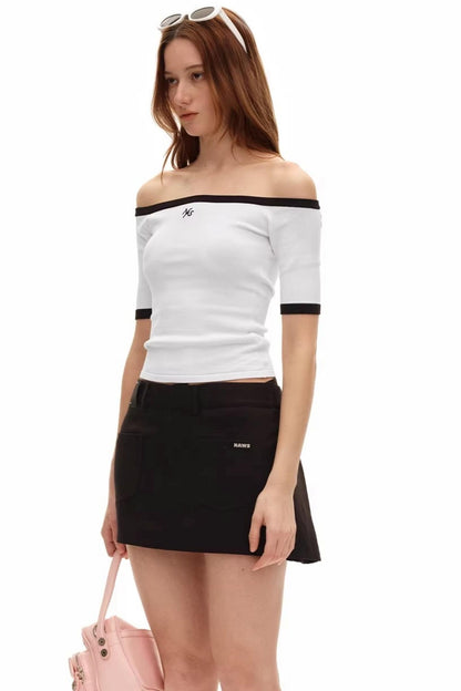 Off-Shoulder Contrast Knit Top