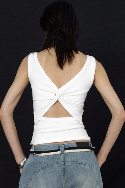 Black And White V-Neck Twisted Cut-Out Slim Vest