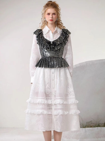 Heavy beaded vest hollowed embroidery dress