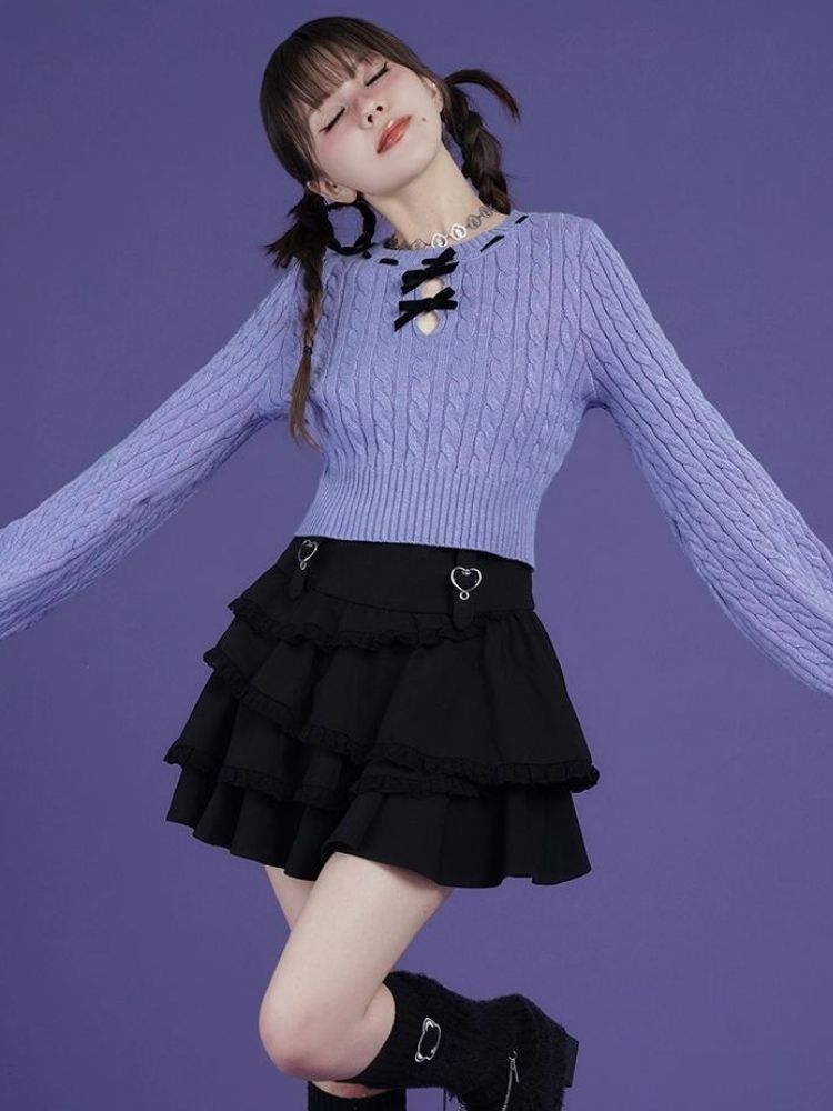 Blue-purple bow twist short sweater