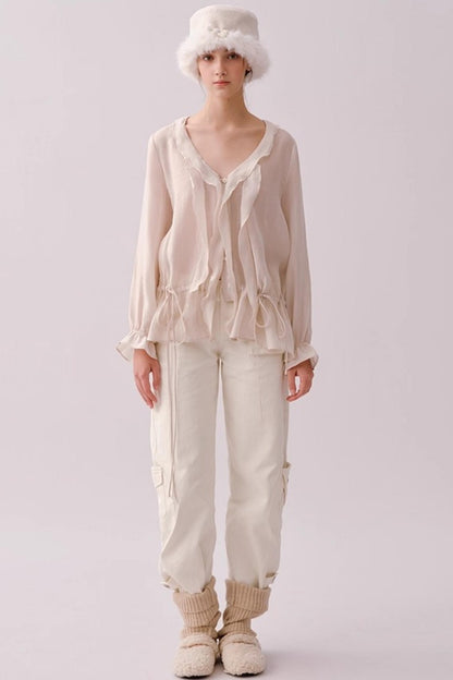 Lyocell Ruffled V-Neck Shirt