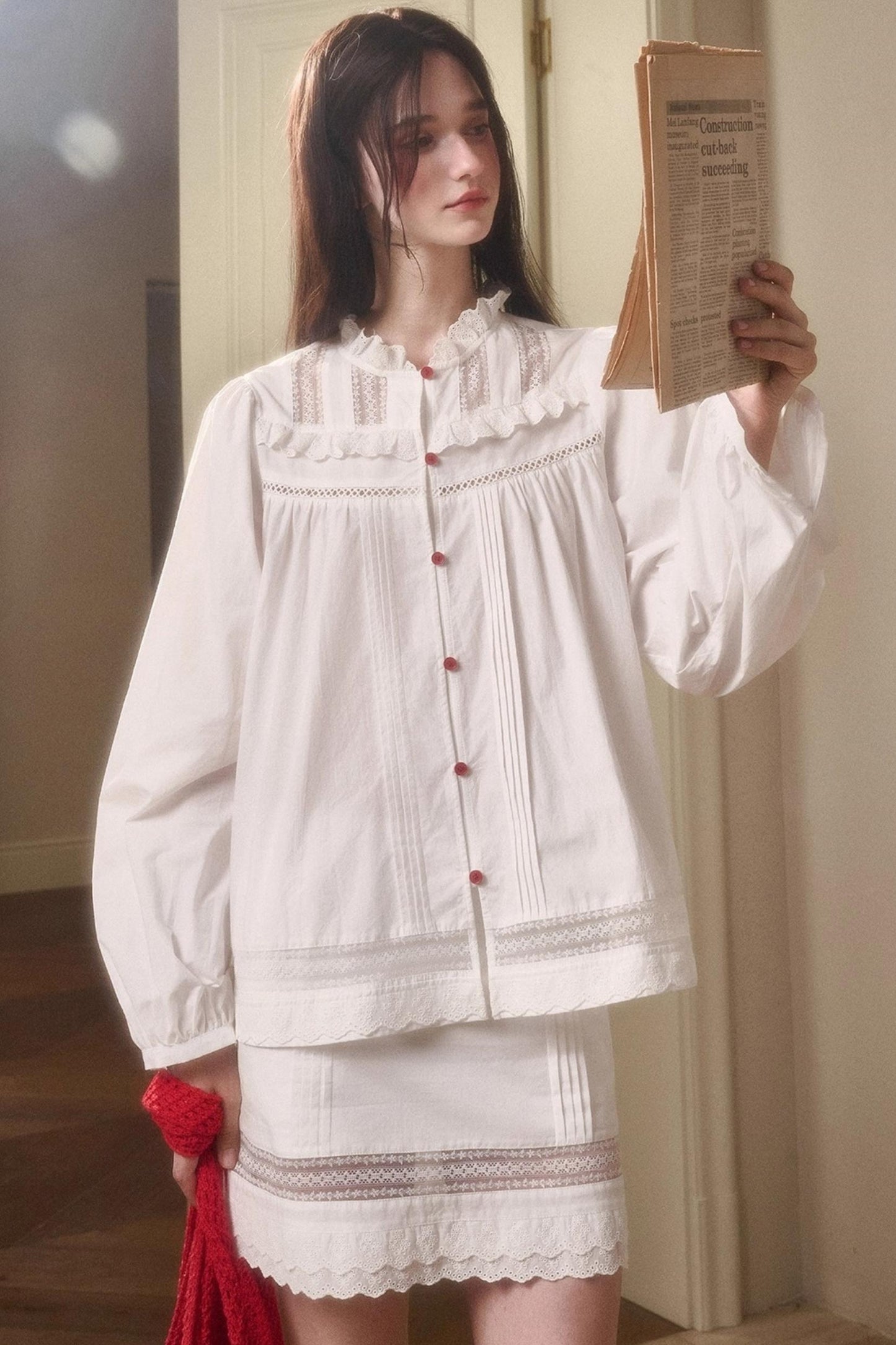 Cotton Lace Shirt With Skirt Set-Up