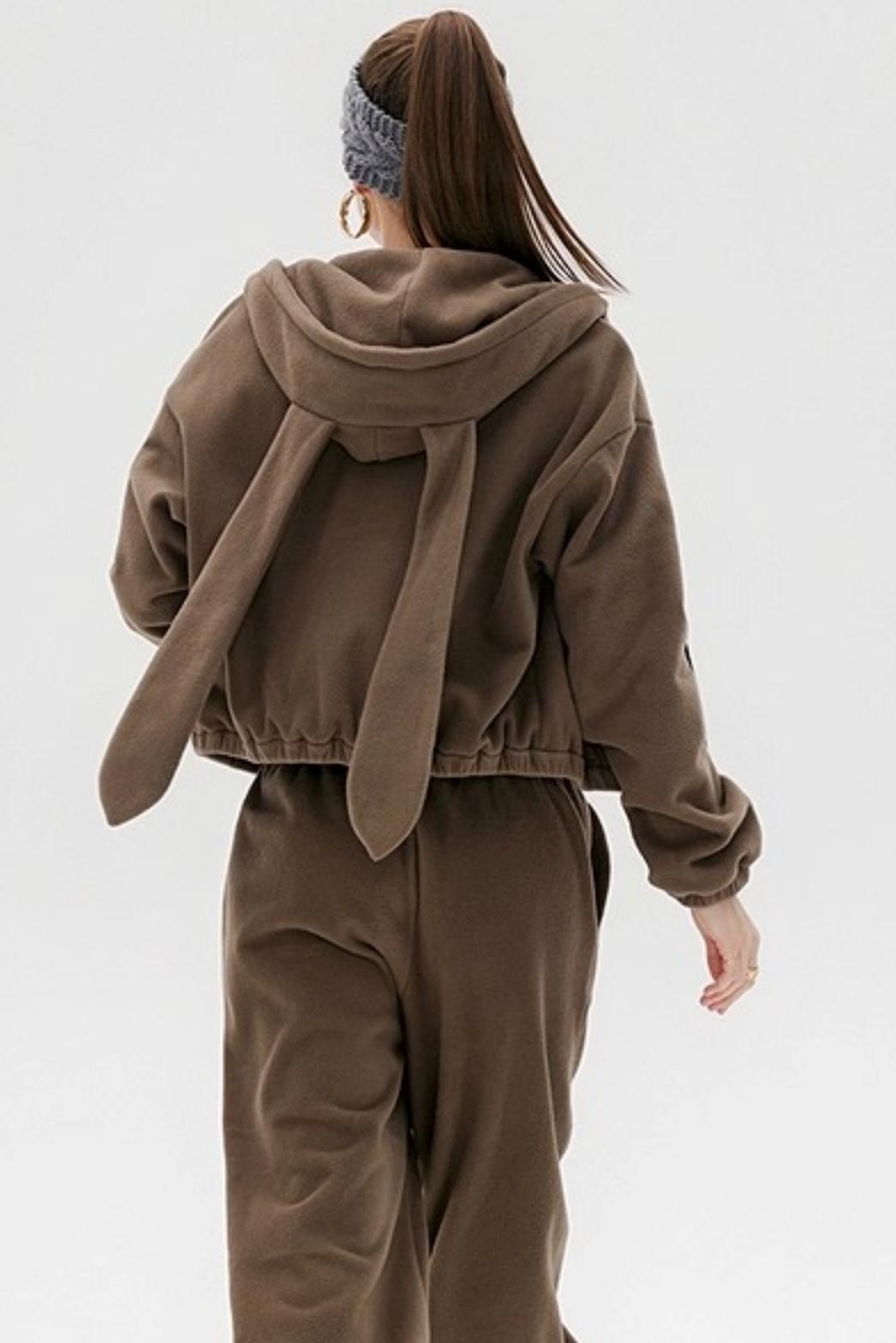 Khaki Fleece Bunny Ear Cardigan Set-Up