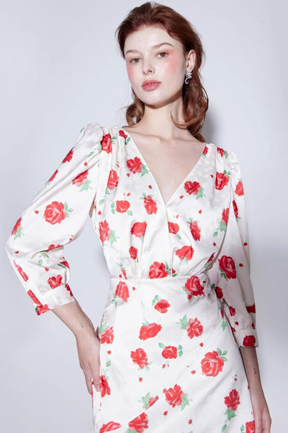 Satin Rose Jacquard V-Neck Dress