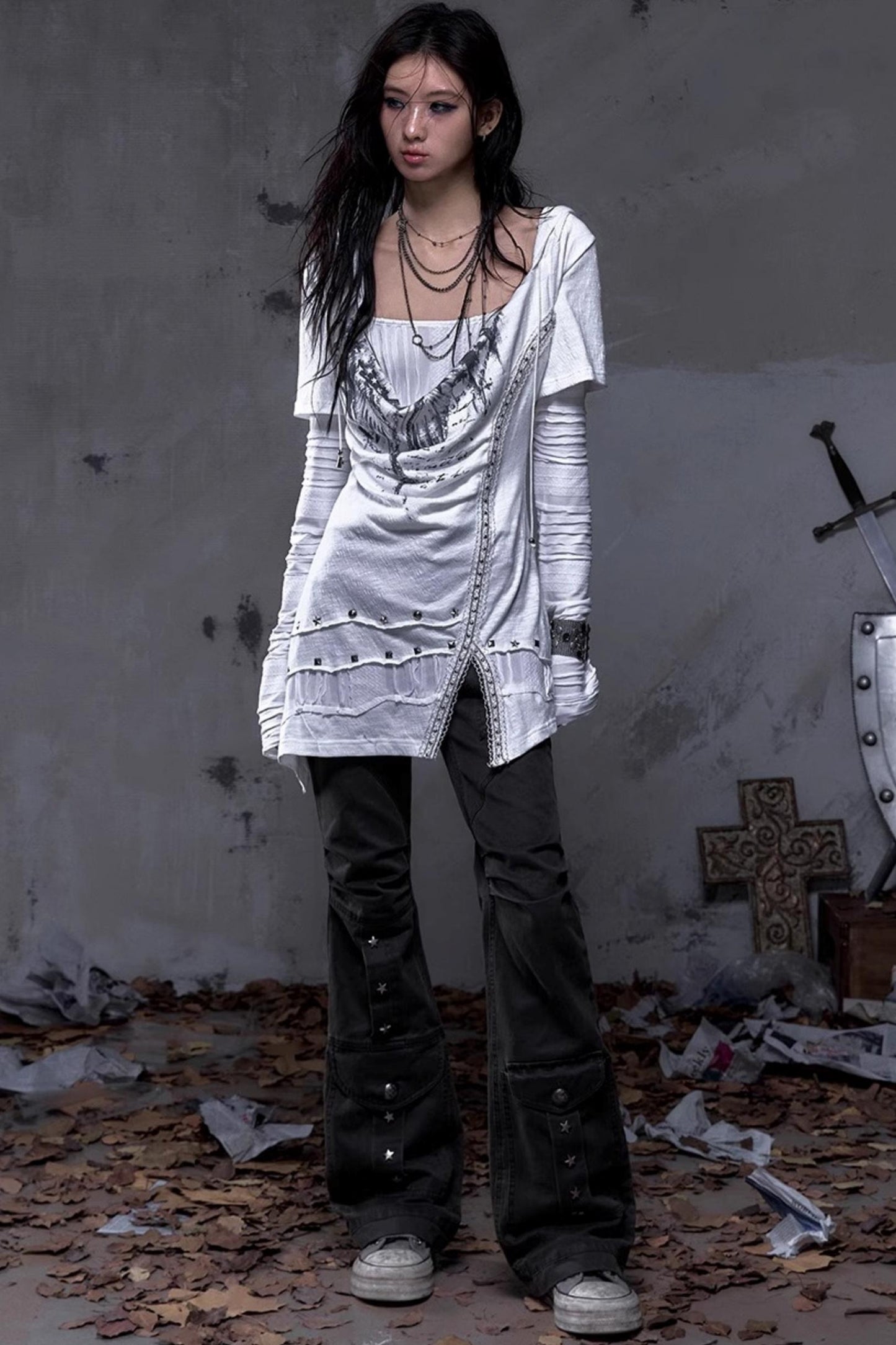 Rock Swing Collar Print Long Sleeve Dress