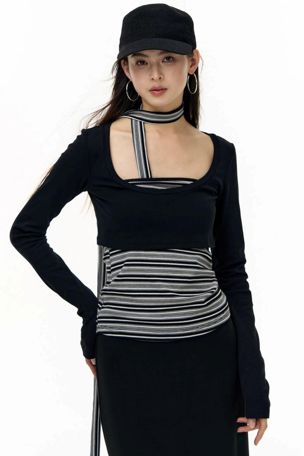 Contrast Long-Sleeved Top With Bandeau Set