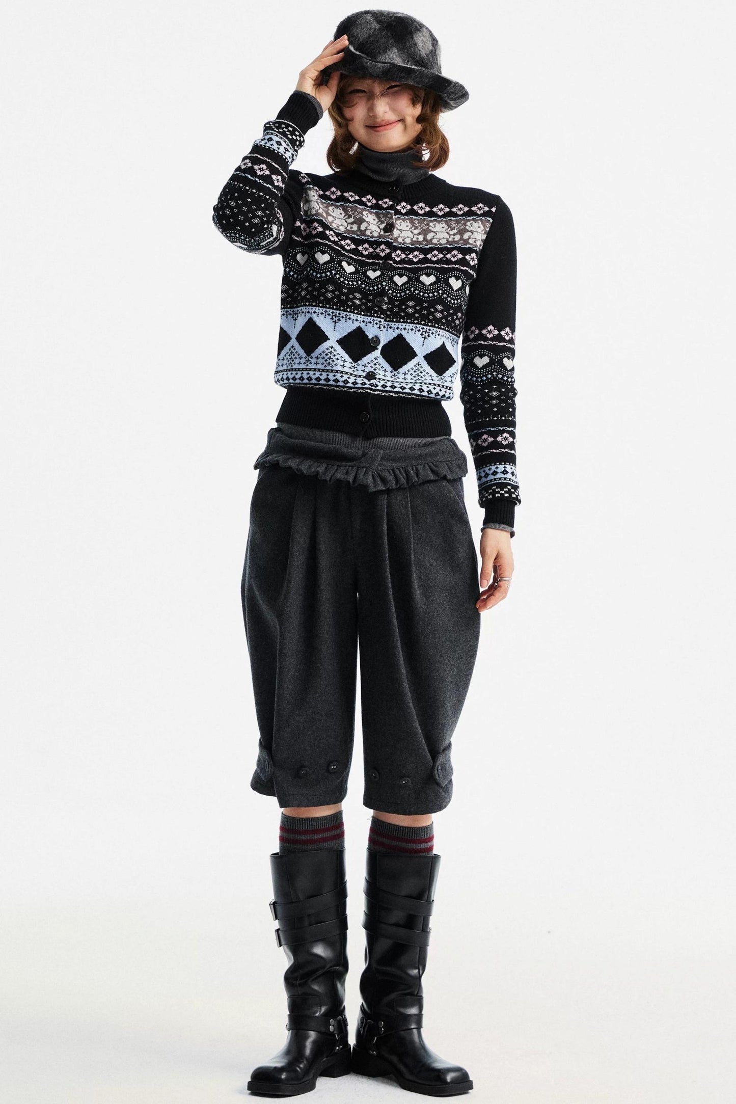 Gray Woolen Lace-Trim Pants