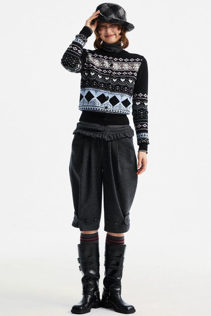 Gray Woolen Lace-Trim Pants