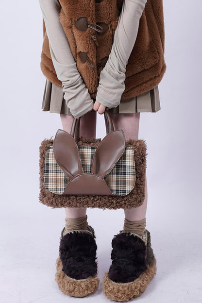 Plaid Rabbit Fur Tote Bag