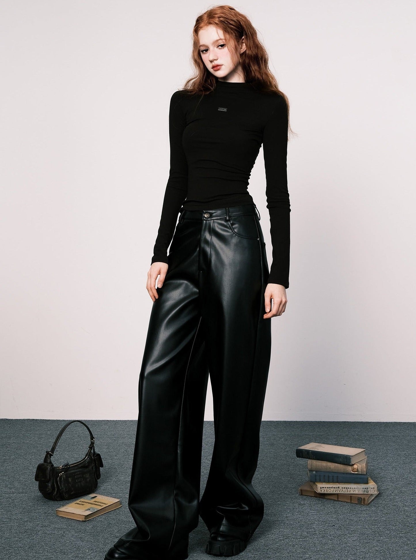 High waist wide leather pants