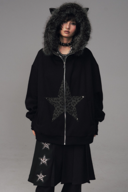 Cat-Ear Leopard Hooded Jacket
