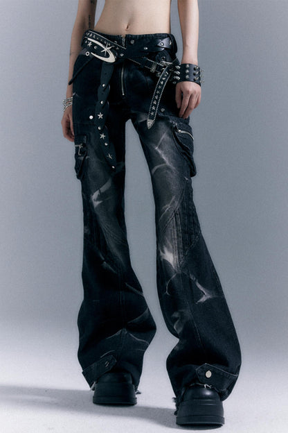 Vintage Studded Denim Flared Pants