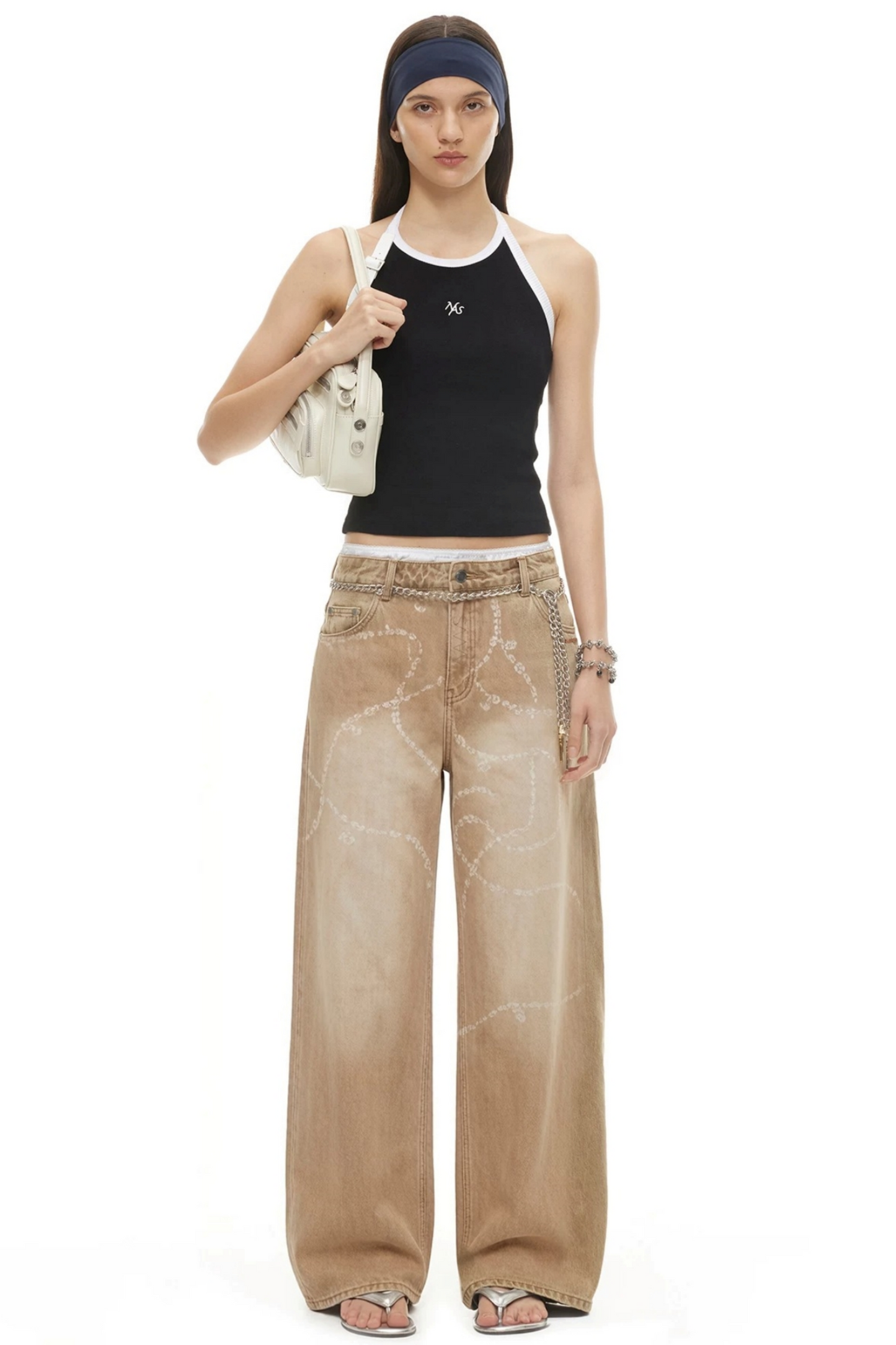 Wide-Leg Diamond Chain Jeans
