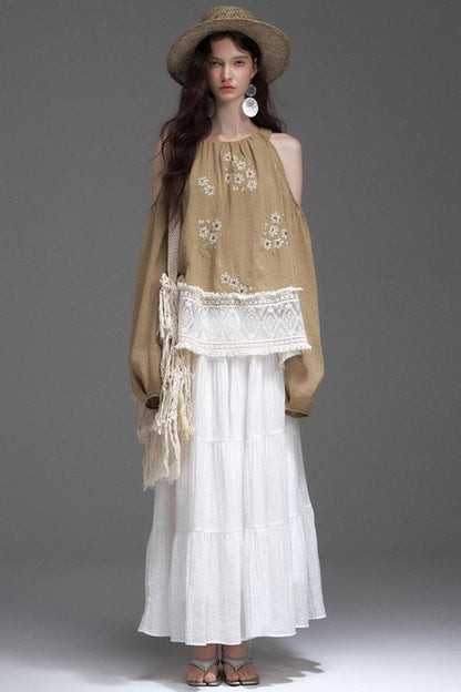 Neoclassical Embroidery Off-the-Shoulder Top