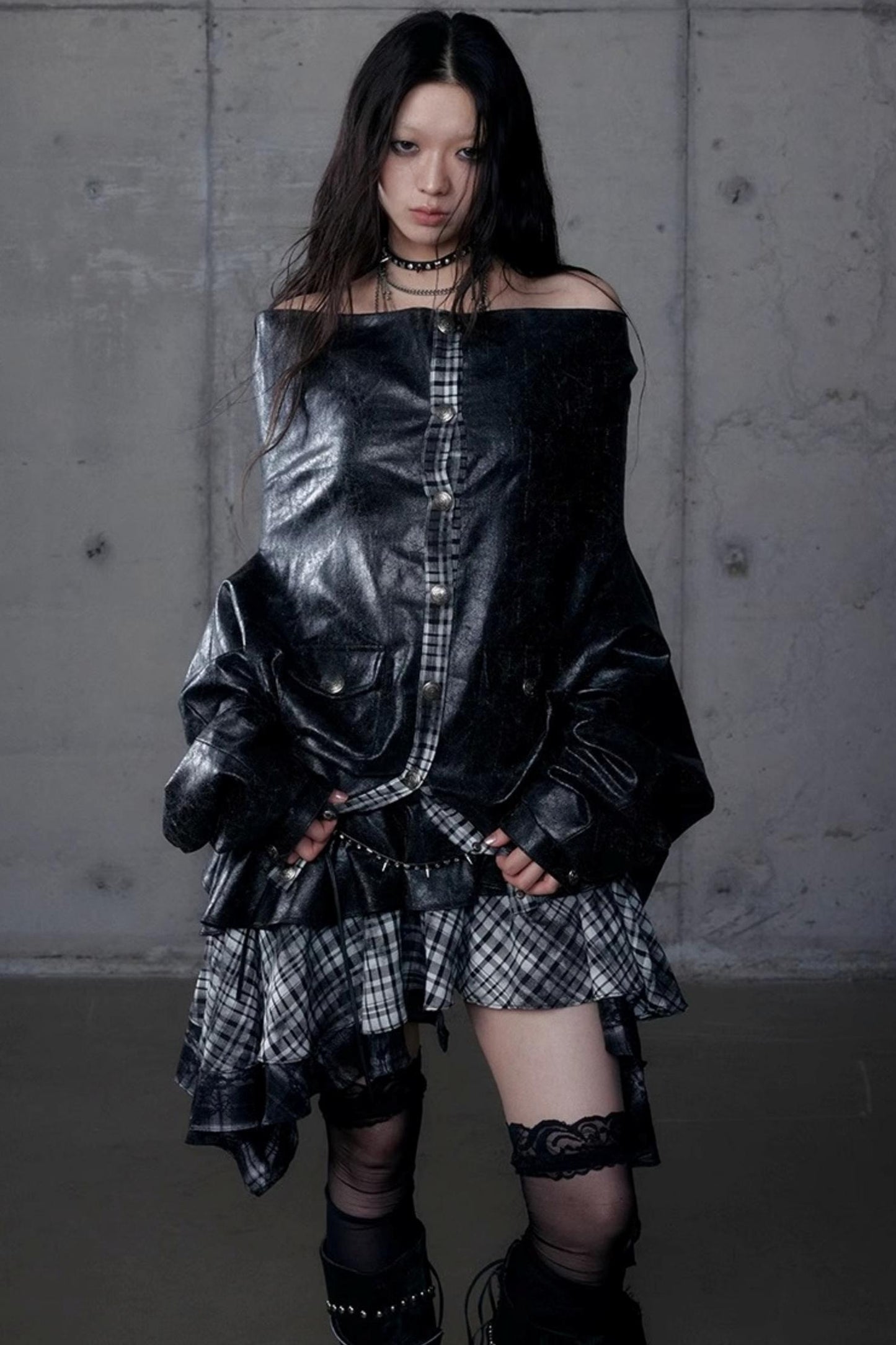 Dark Plaid Leather Top