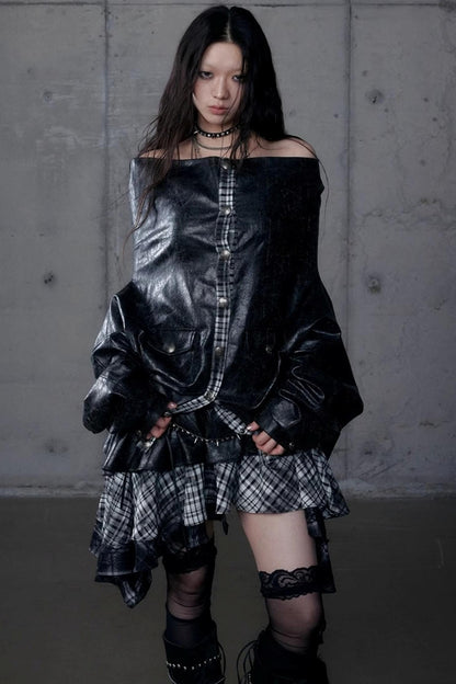 Dark Plaid Leather Top