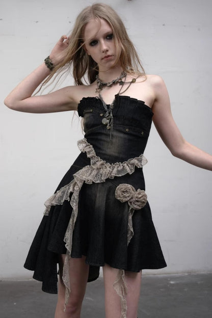 Vintage Black Lace Denim Dress