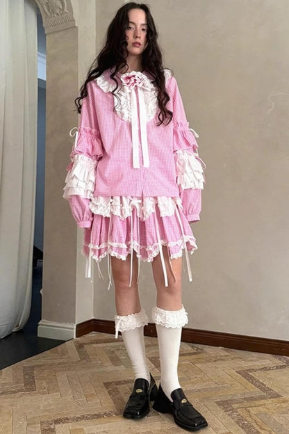 Pink-White Plaid Lace Shirt