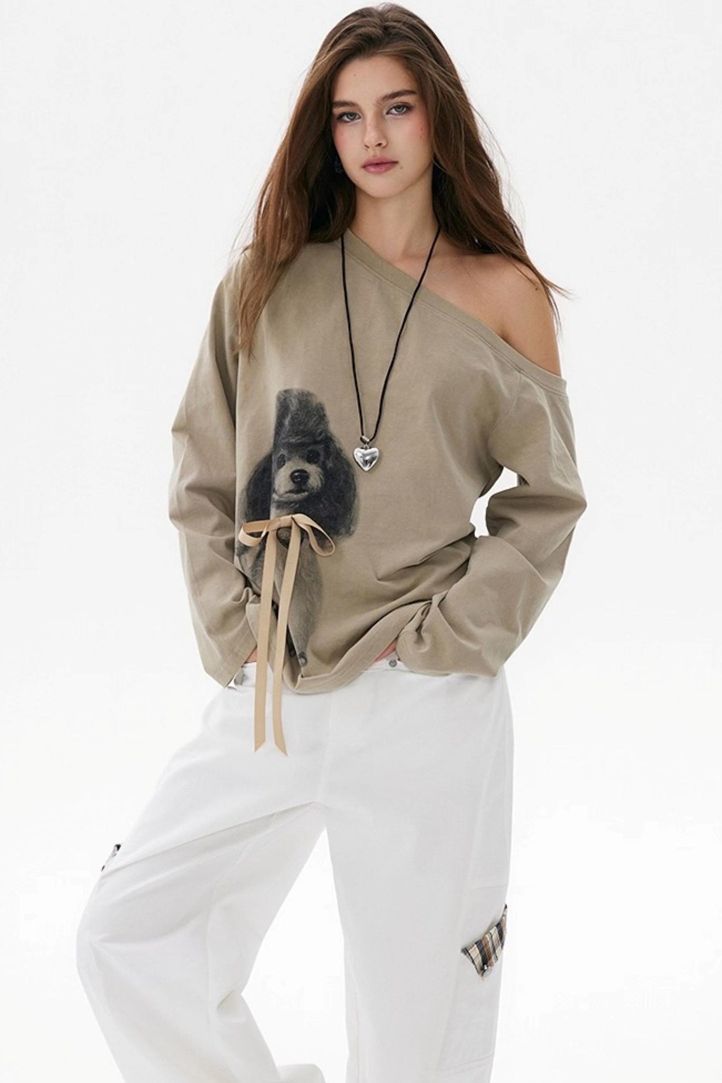 Khaki Bow knot Off-Shoulder T-Shirt