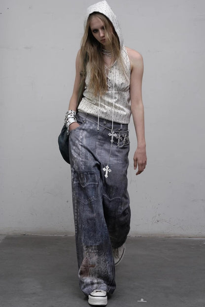 Printed Blue Wide-Leg Denim Pants